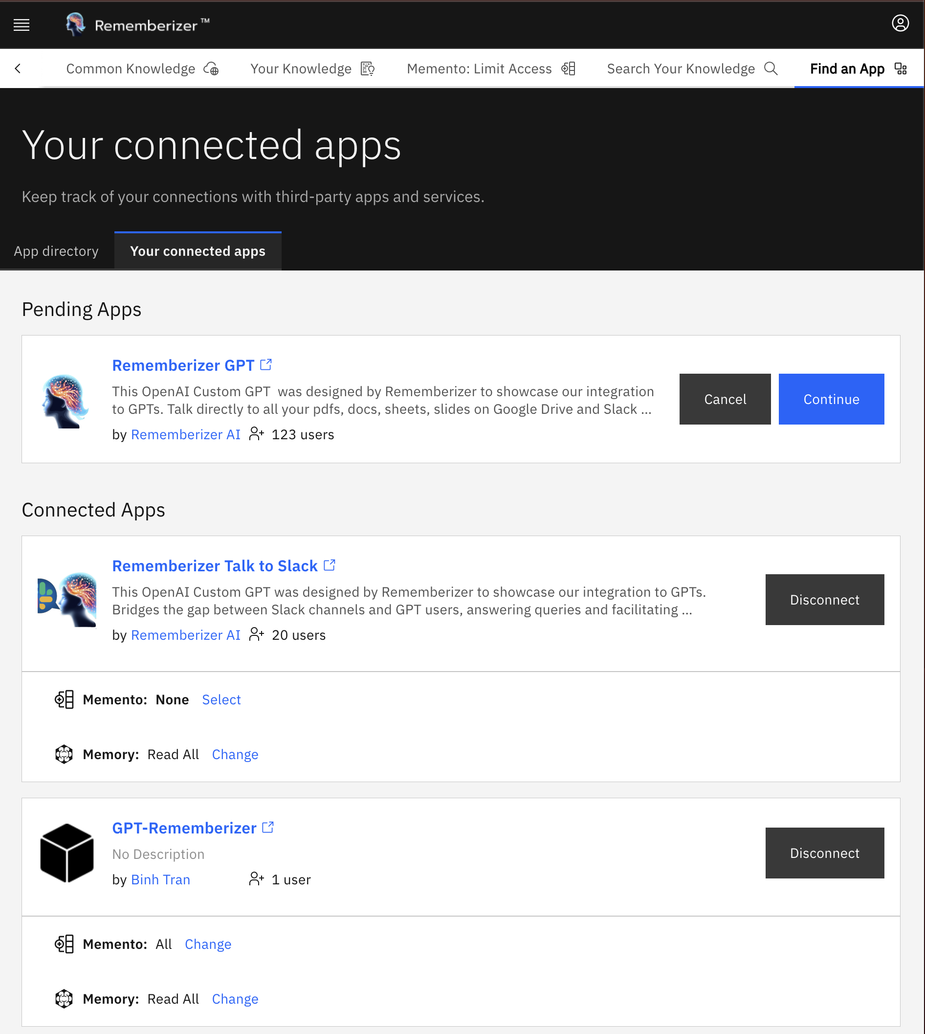 Your connected apps page