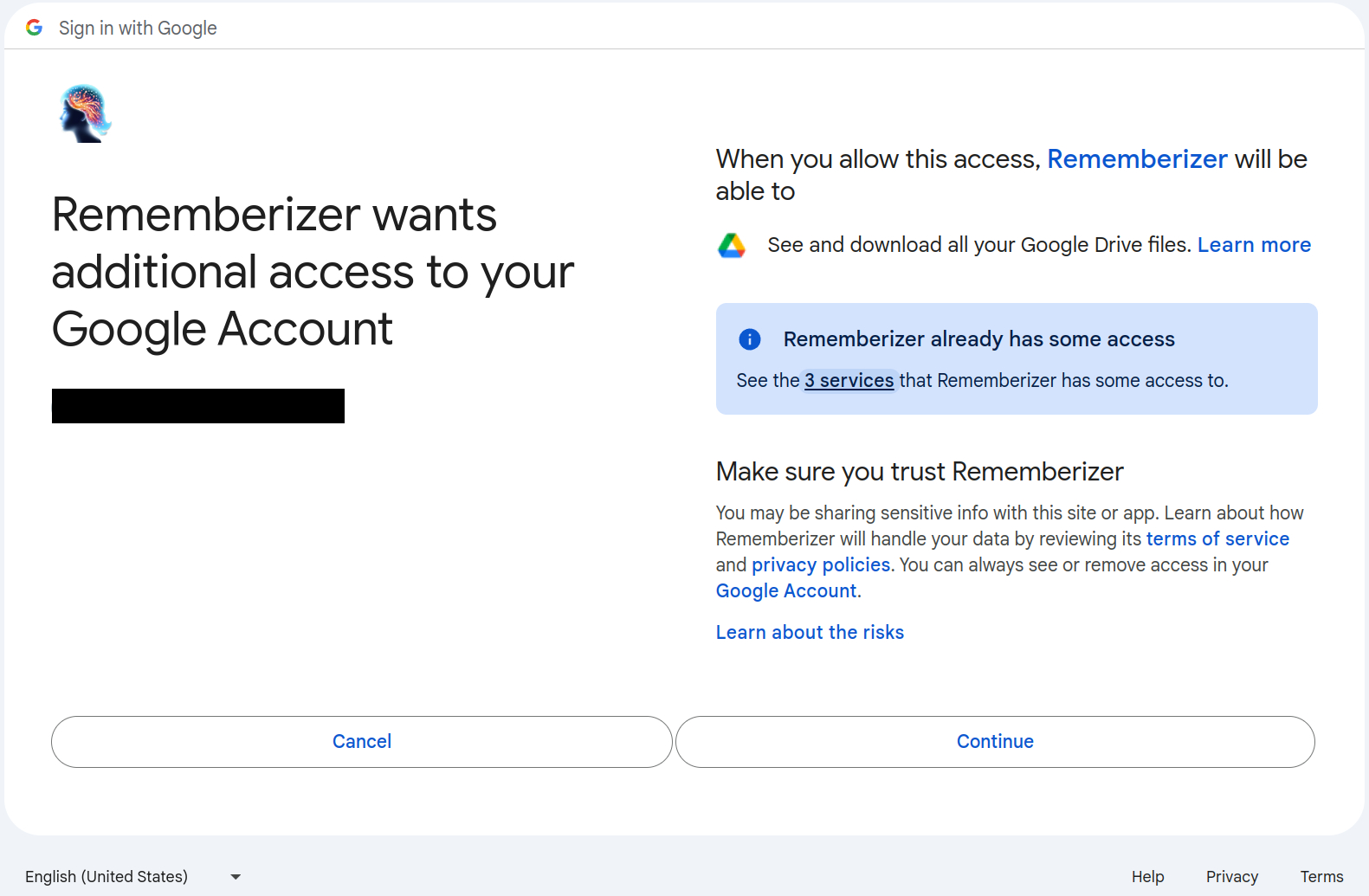 Permission request screen
