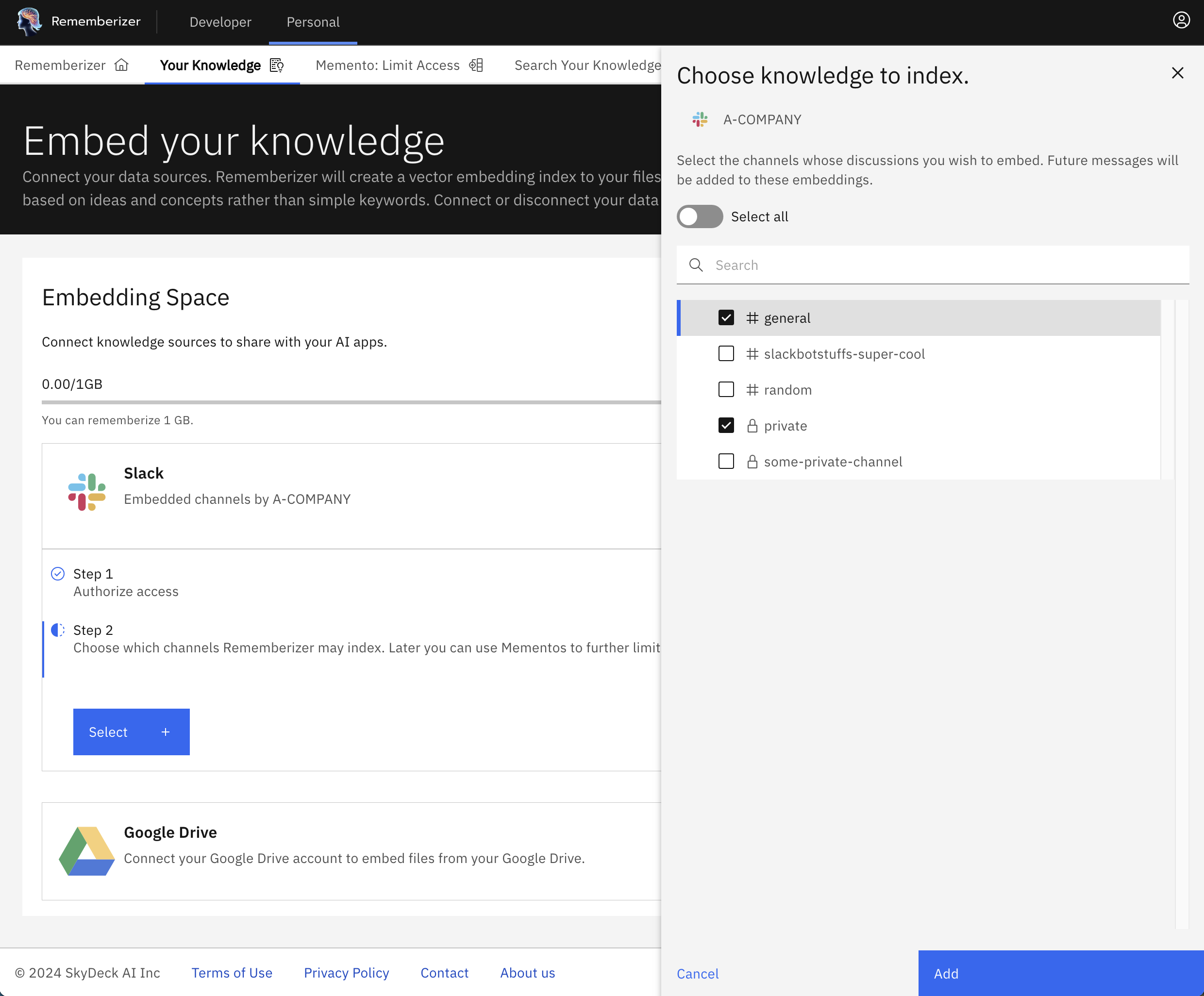 Select channels to be embedded as knowledge