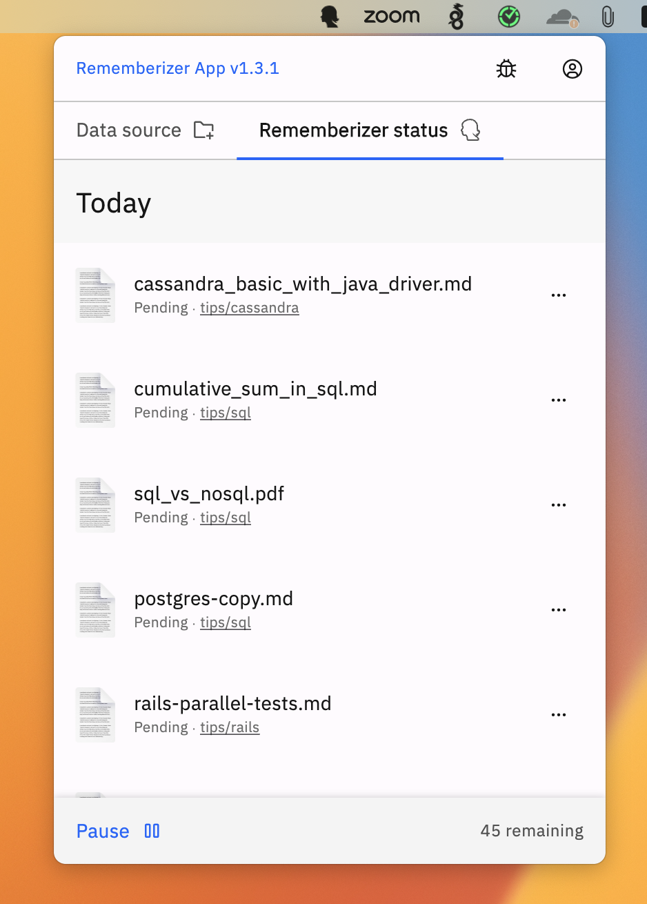 Rememberizer app status screen