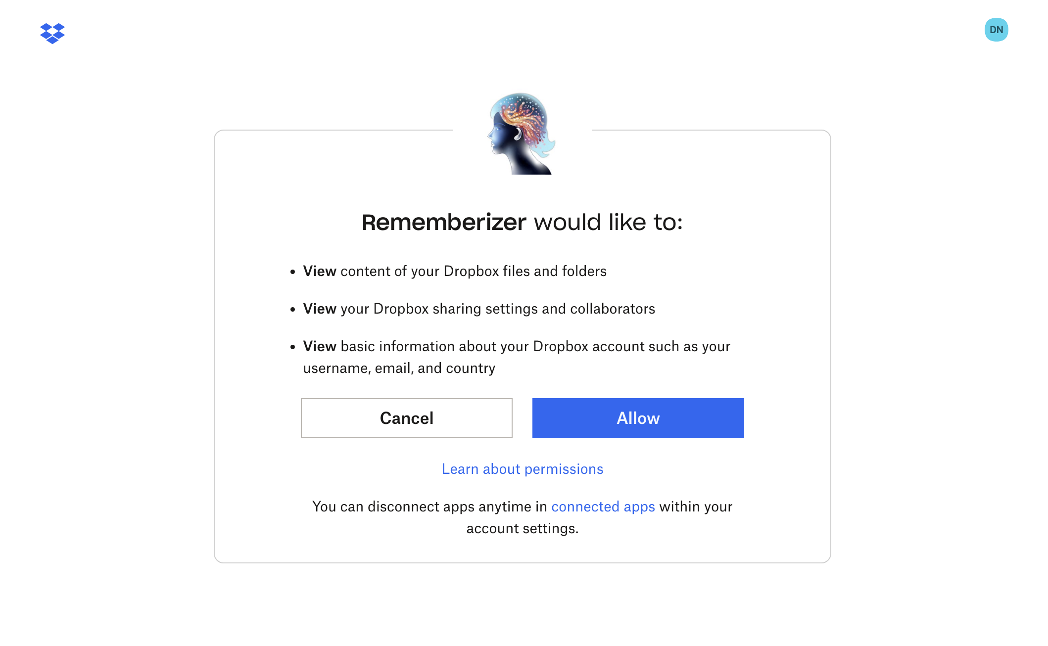 Dropbox OAuth authorization screen