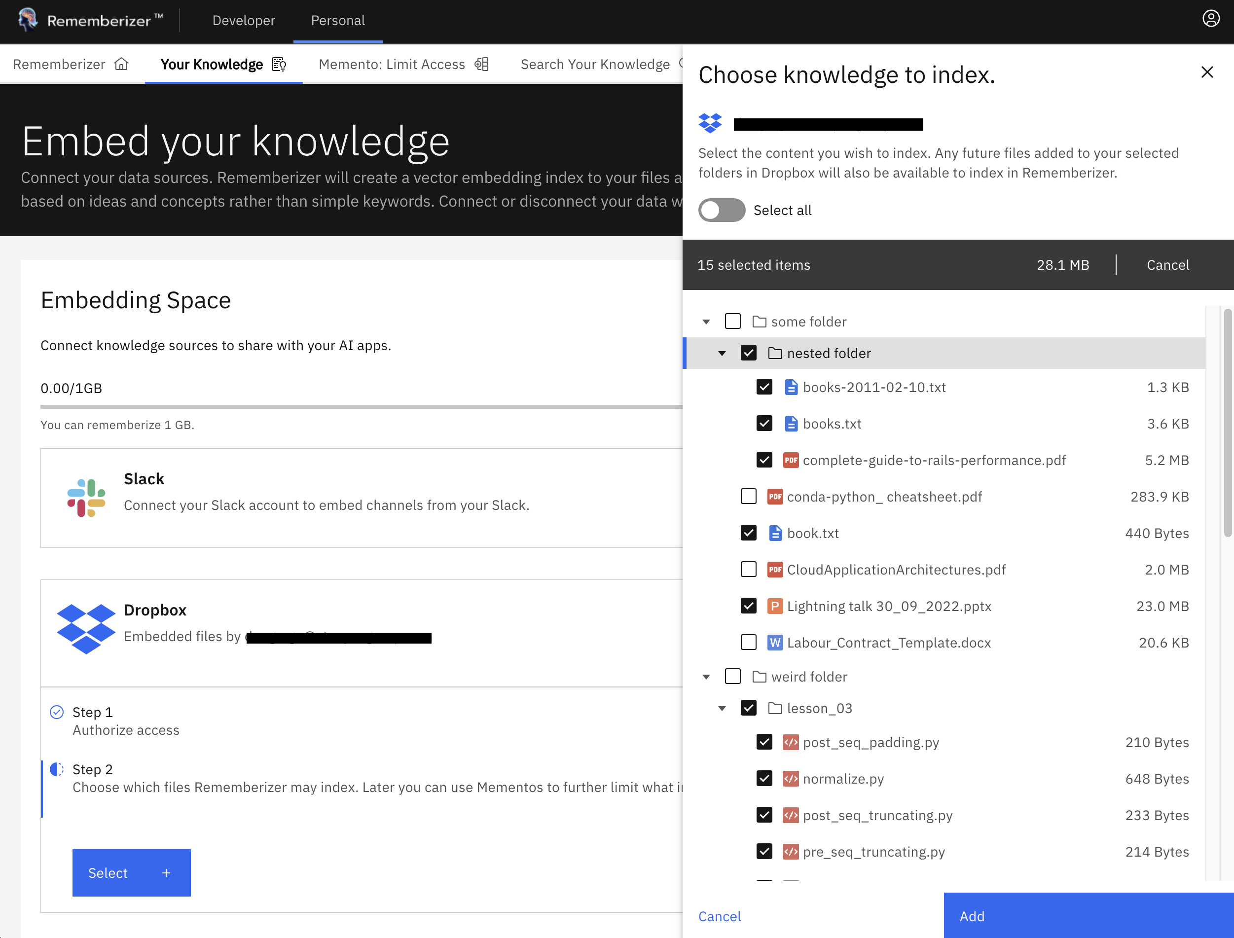 Dropbox file selection panel